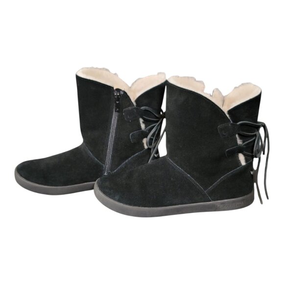 UGG Koolaburra Shazi Short Women's Winter Boots Black Faux Fur Suede Zip Lace - Picture 2 of 10